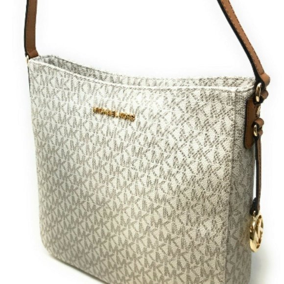 NWT Michael Kors Jet Set Travel Tote Crossbody Shoulder Bag Vanilla Logo Brown - Picture 13 of 16